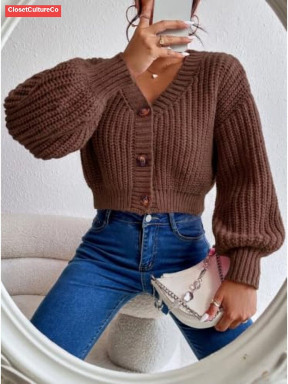 Women's Chunky Cable Knit Crop Cardigan V-Neck Button Front Sweater - Picture 3 of 4